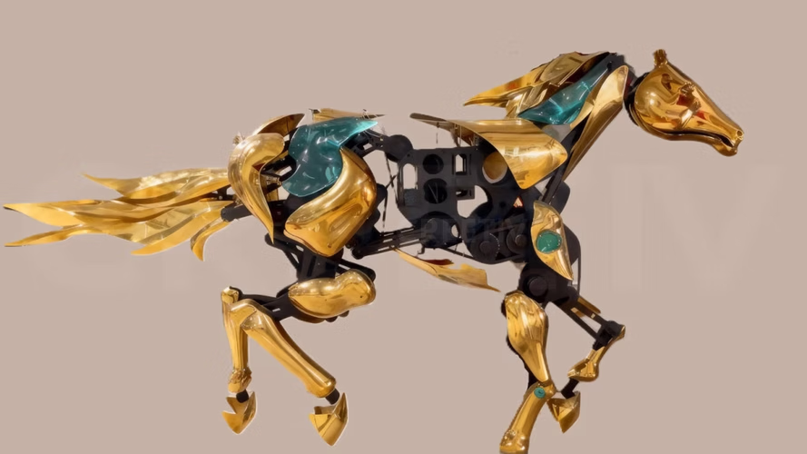 3.5m Lifelike golden kinetic mechanical horse sculpture in galloping motion