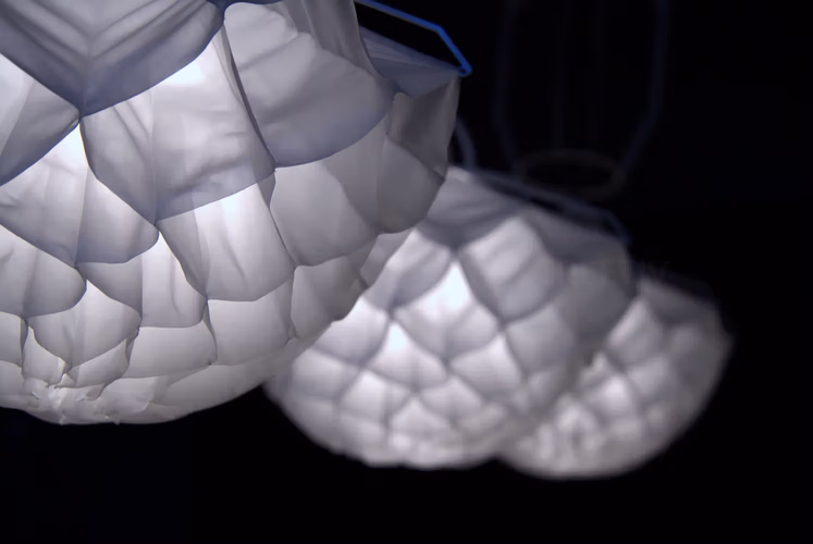 Automatic lifting mechanism in Lumina Bloom kinetic flower art