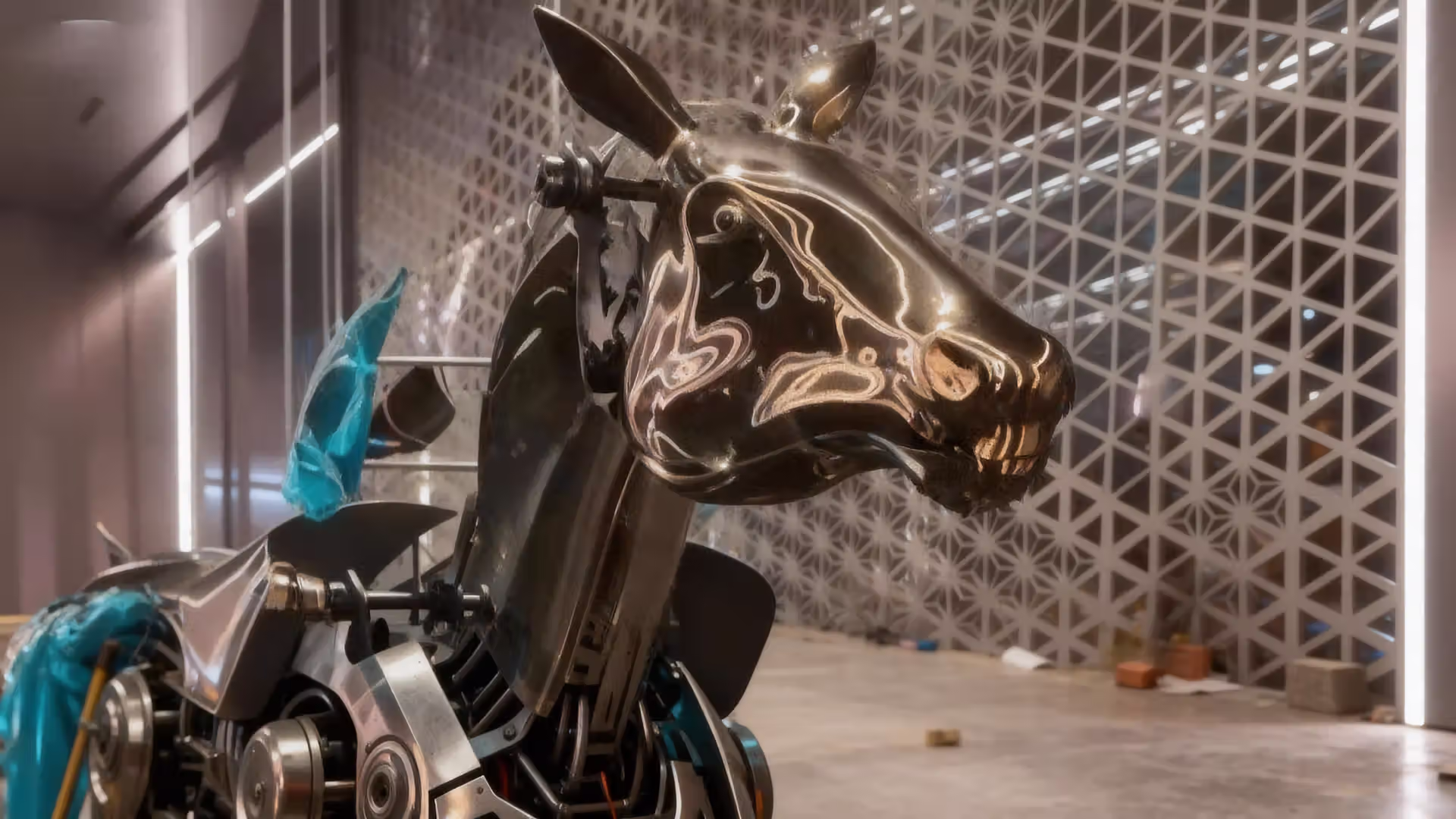 Close-up of golden mechanical horse head – Dihao Private Club Shenyang signature artwork