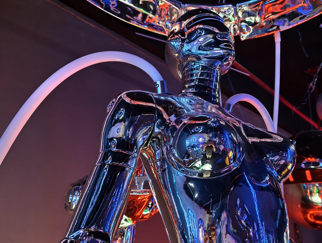 Fiberglass process detail for custom future goddess kinetic art