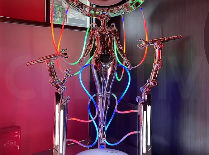 Future goddess kinetic sculpture with mirror metallic luster full-body