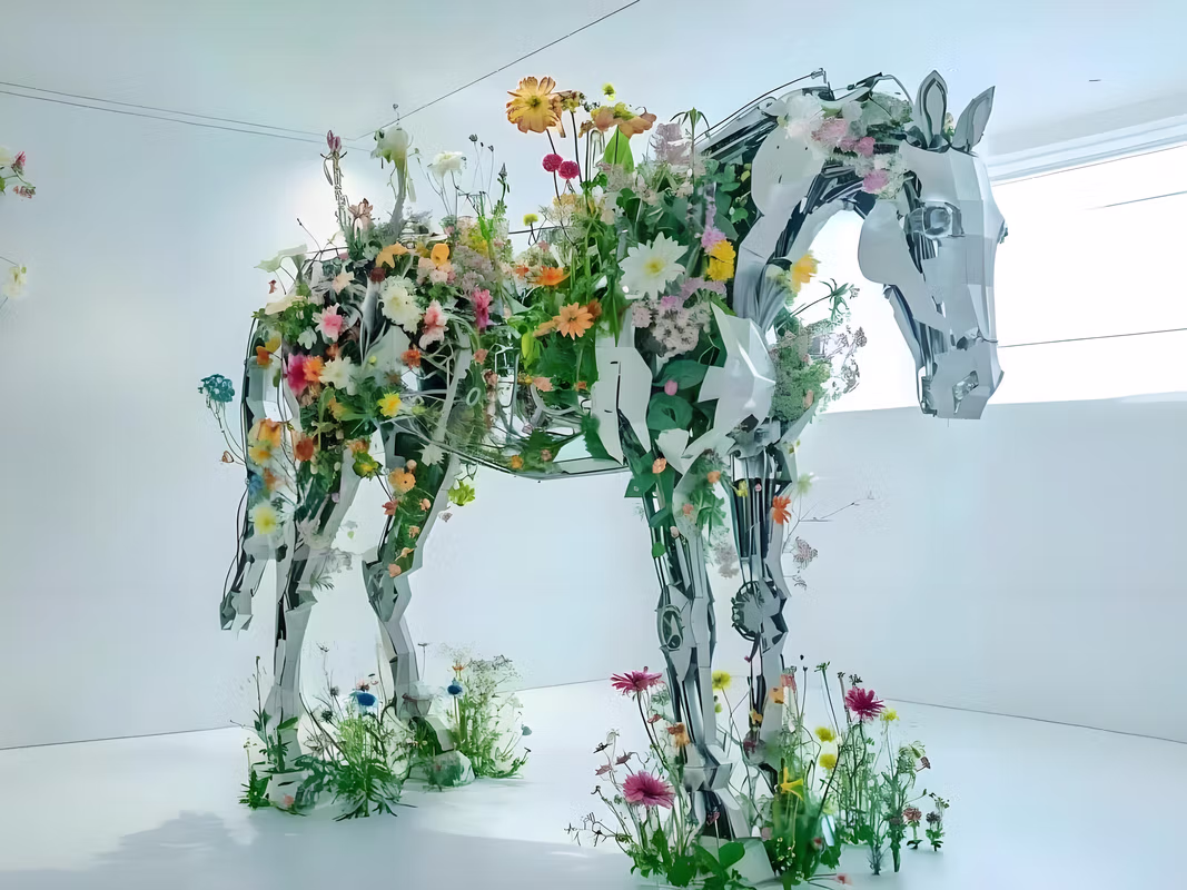 Mirror horses surround blooming flowers