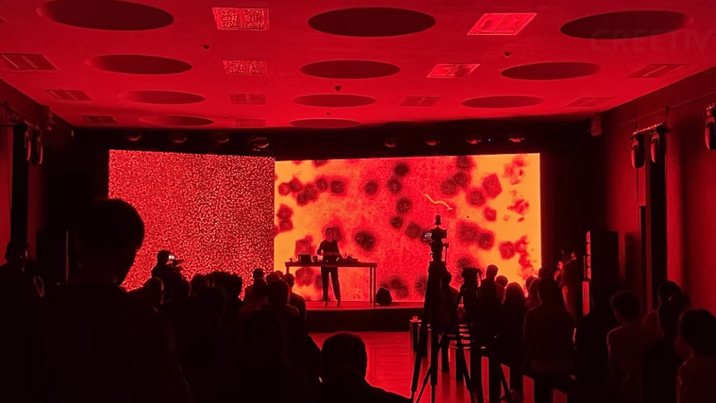 Red lighting atmosphere Dragon 3D Display kinetic holographic dragon Milan Design Week 2024