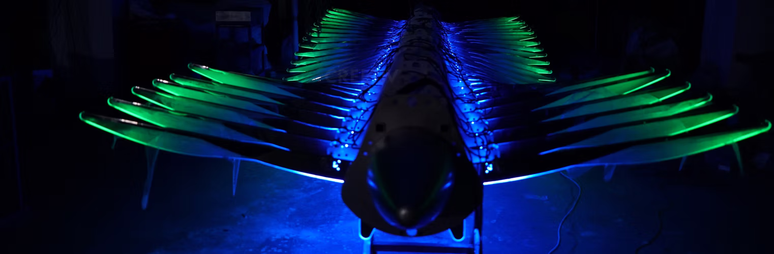 mechanical flying fish with bule and green colors